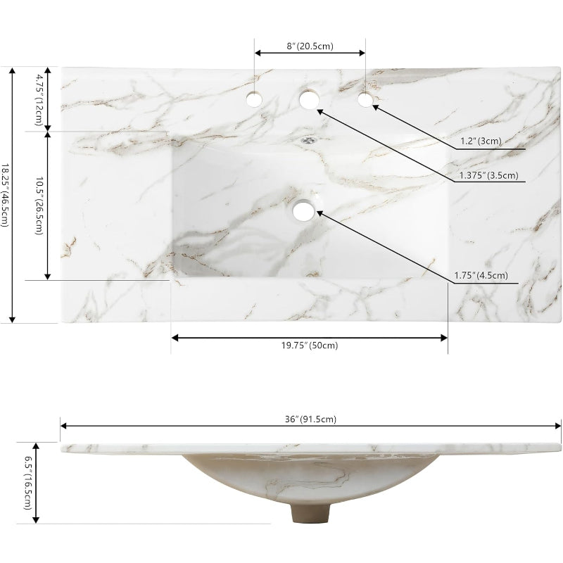 36" White Marble Vanity Top