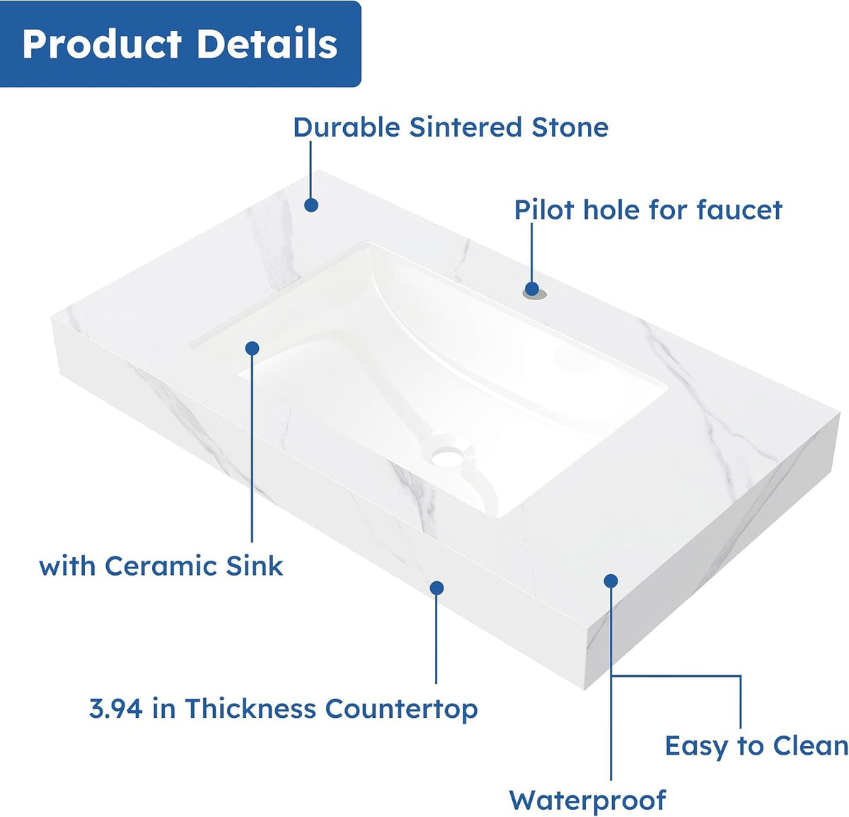 36" Carrara White Vanity Top