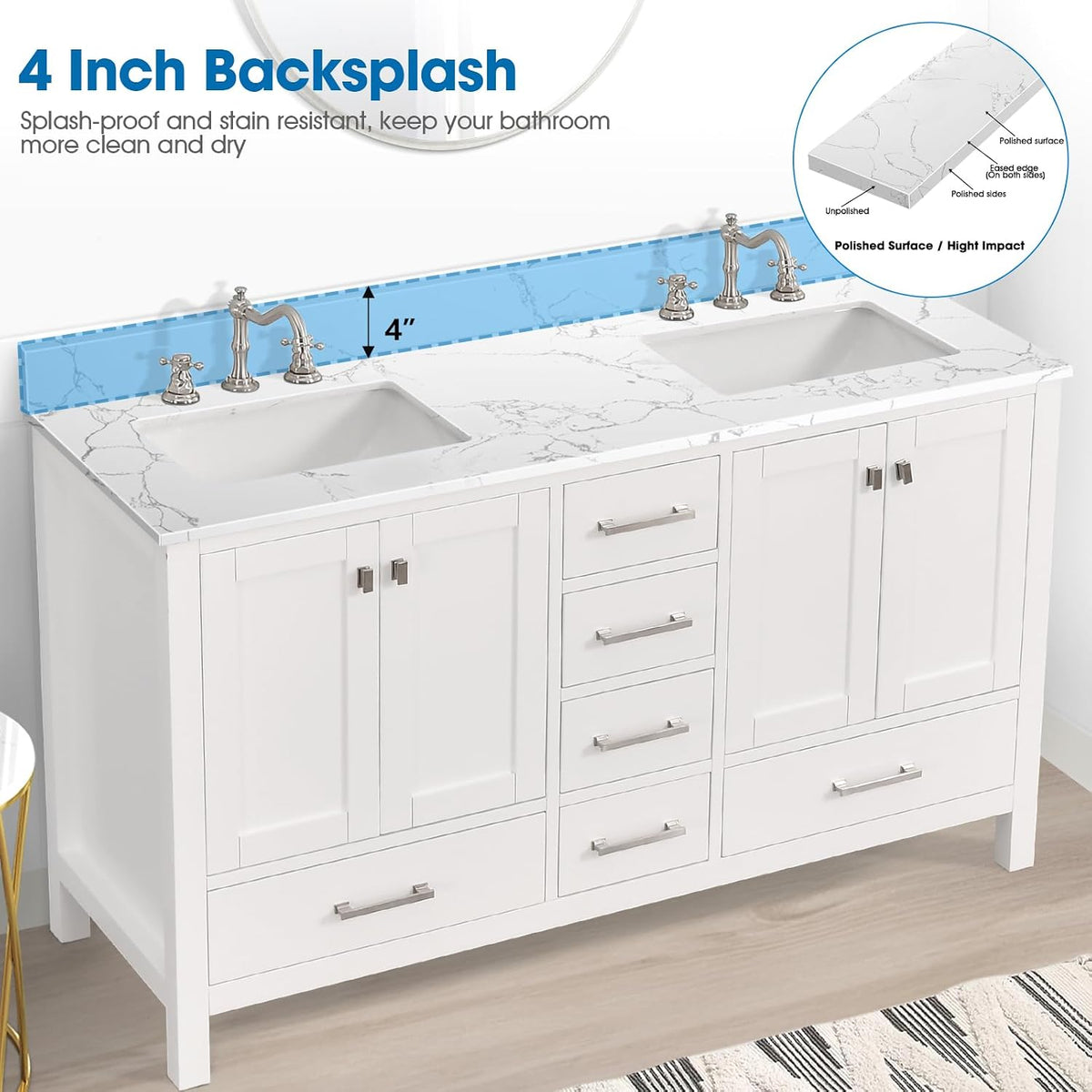 60" Lightning White Double Vanity Top