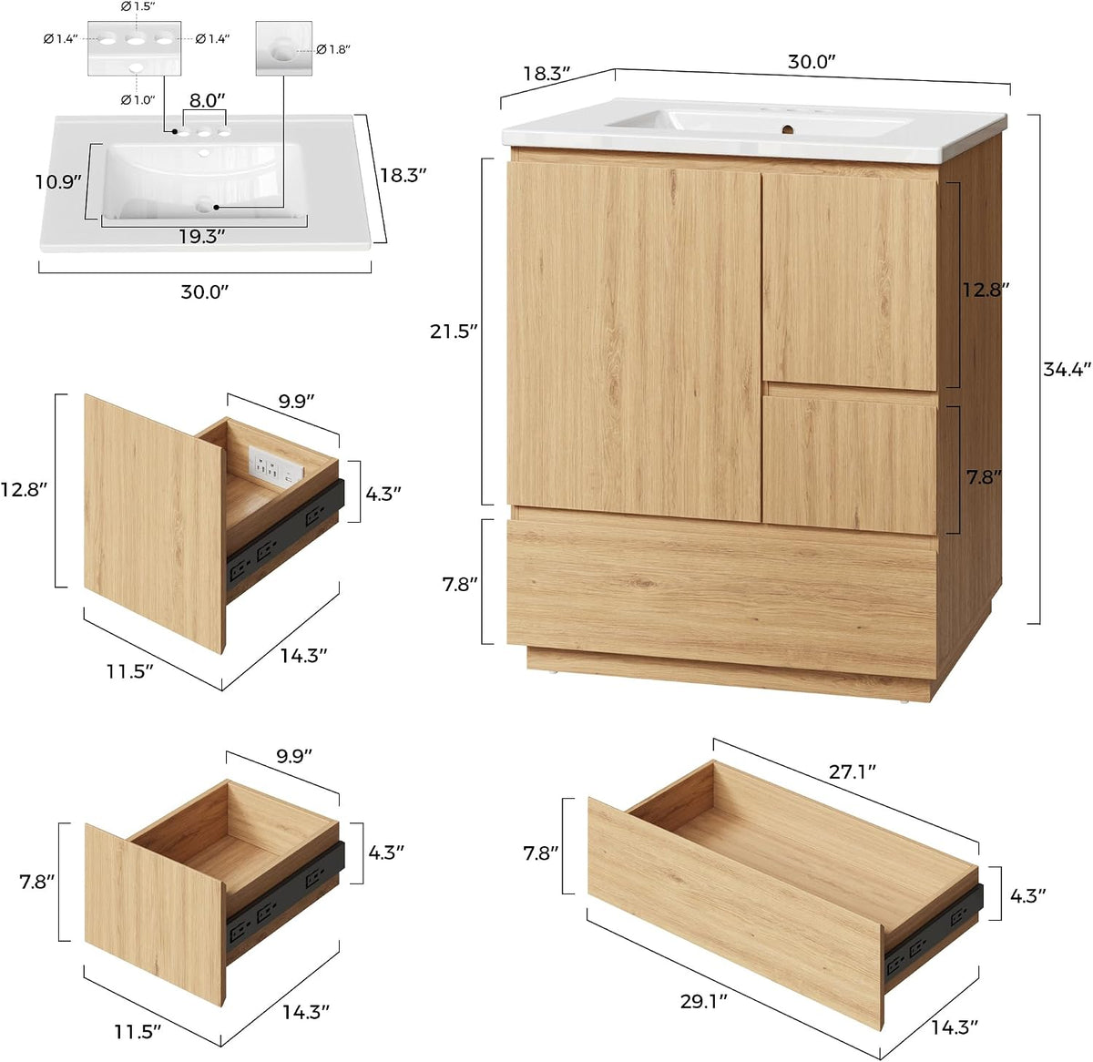 30" Natural Oak Bathroom Vanity