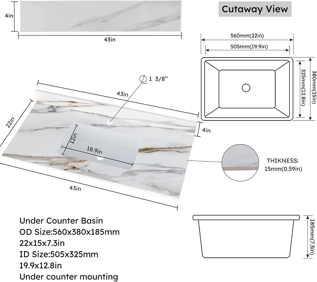 43" Calacatta Gold Sintered Vanity Top