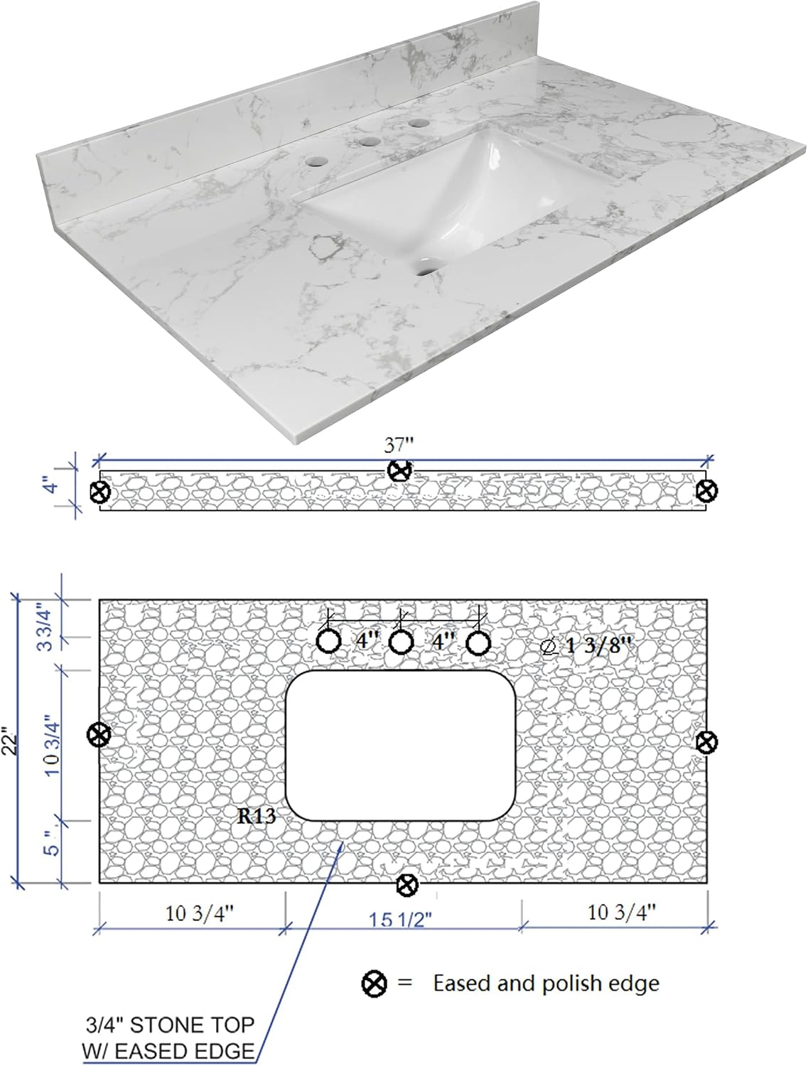 37" Carrara White Vanity Top