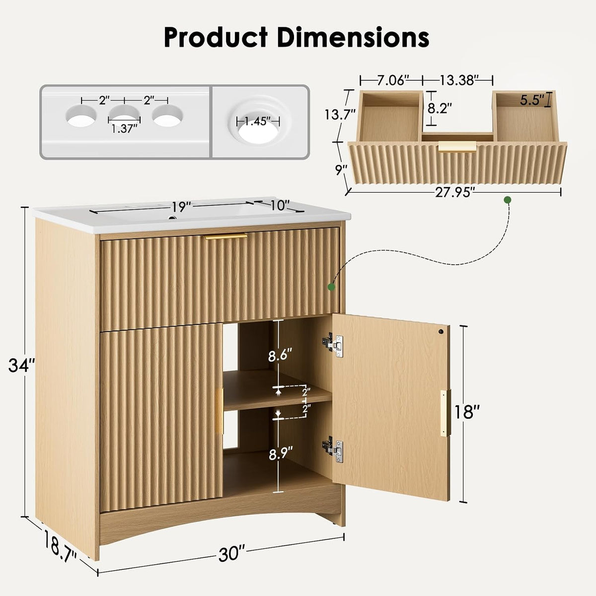 30" Natural Oak Fluted Vanity