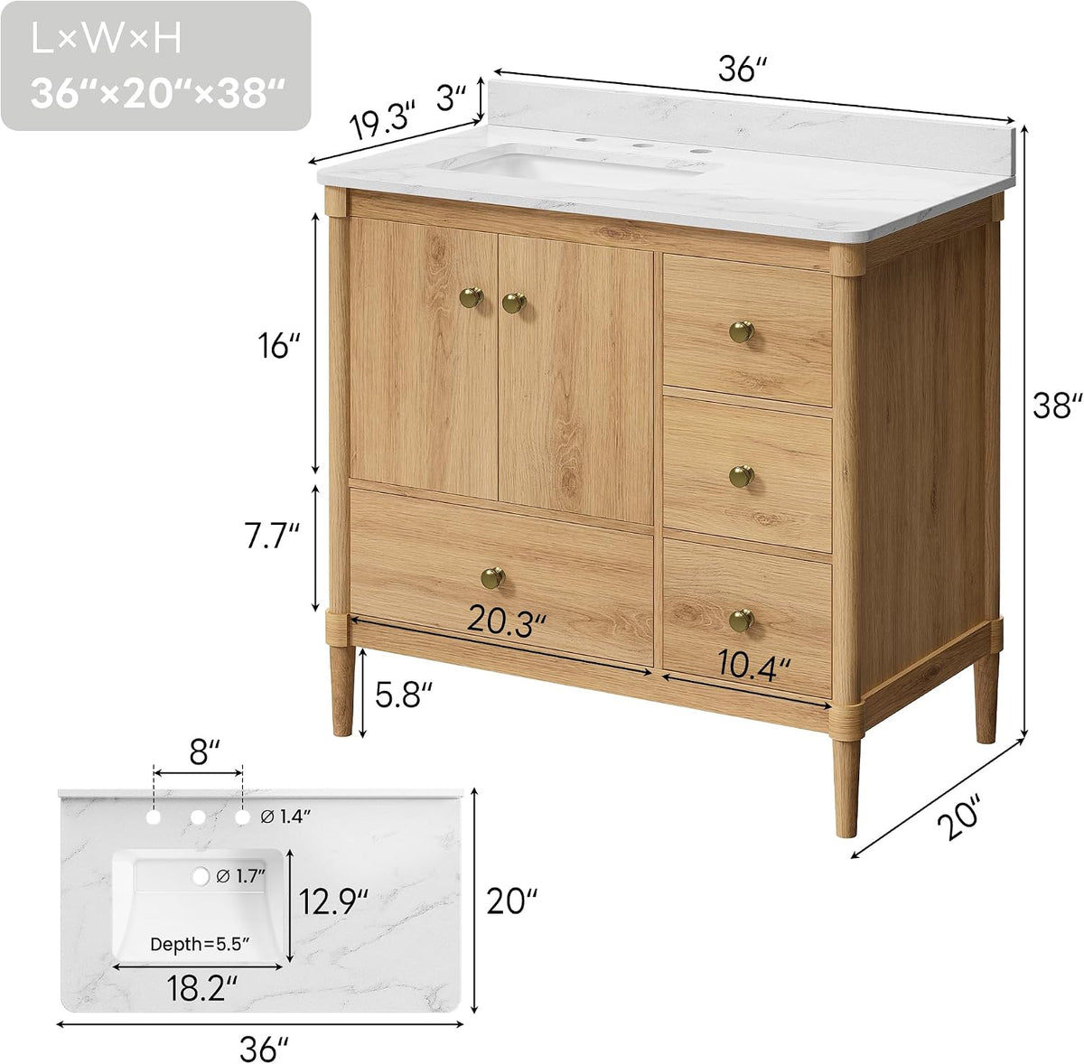 36" Wood Tone Quartz Vanity