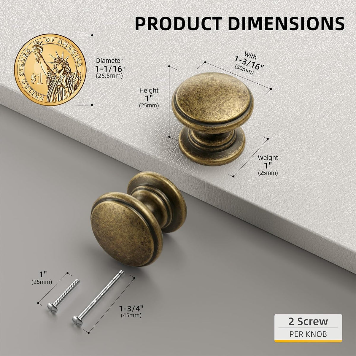 25 Pack Antique Brass Knobs