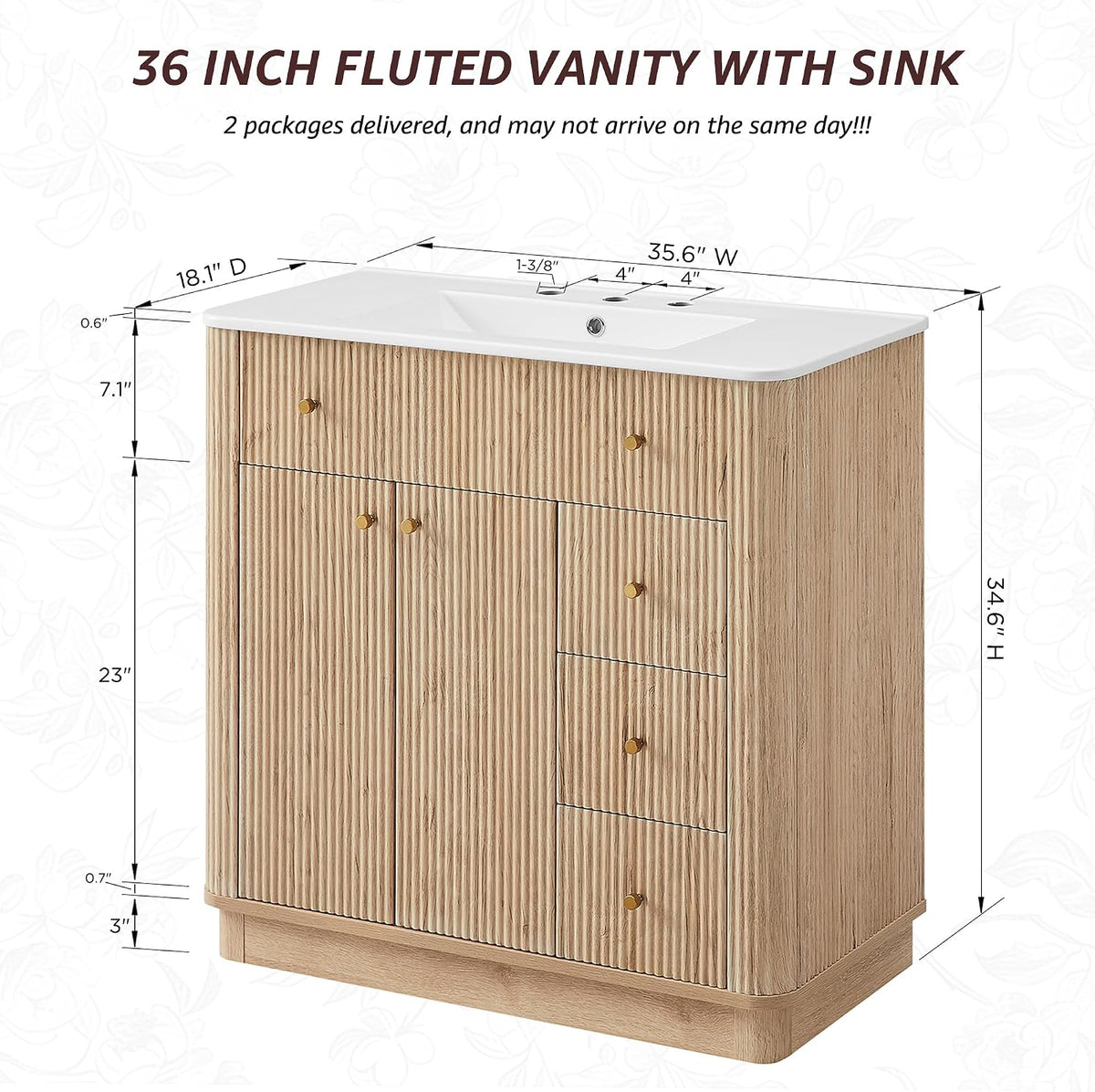36" Natural Oak Fluted Vanity