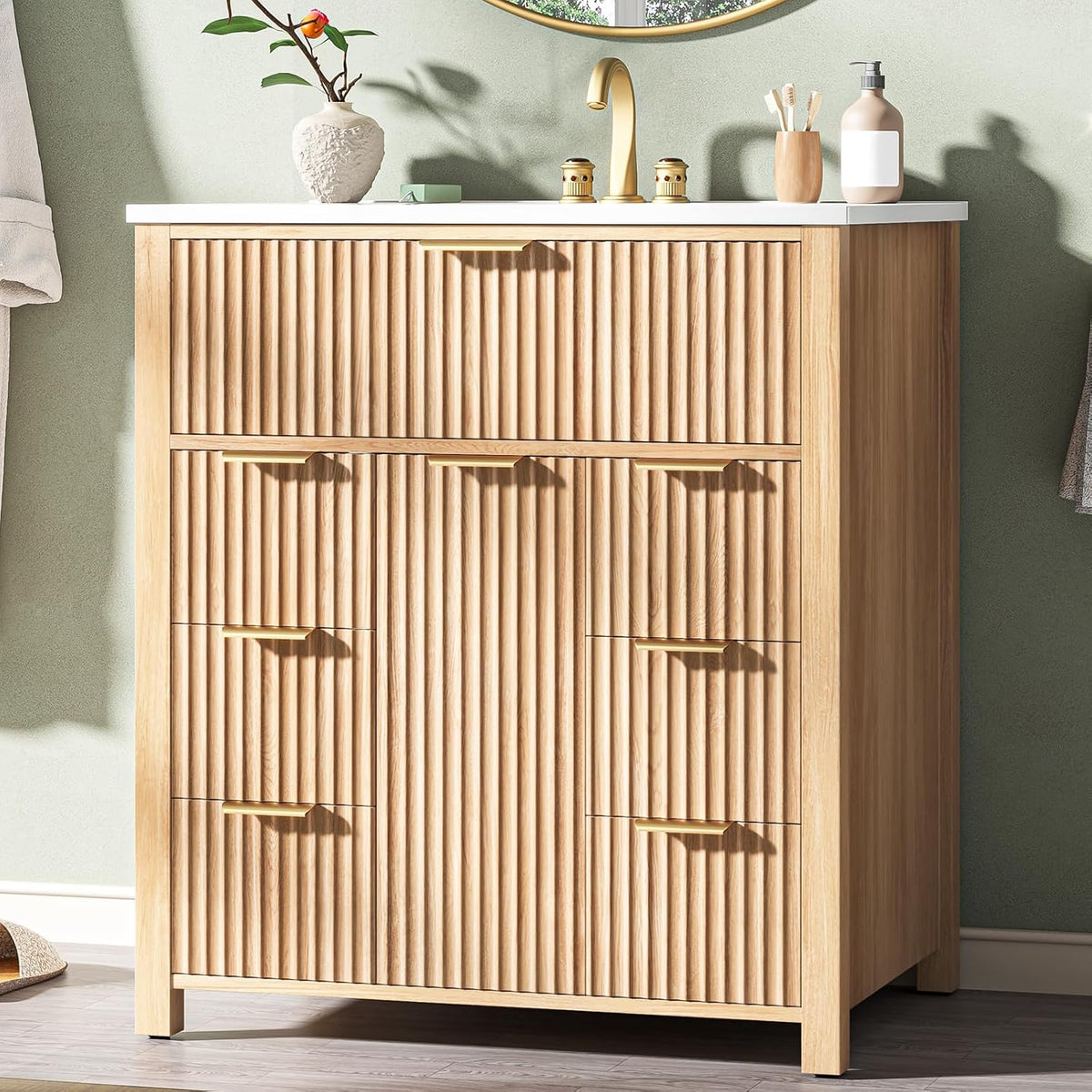 30" Natural Oak Fluted Vanity